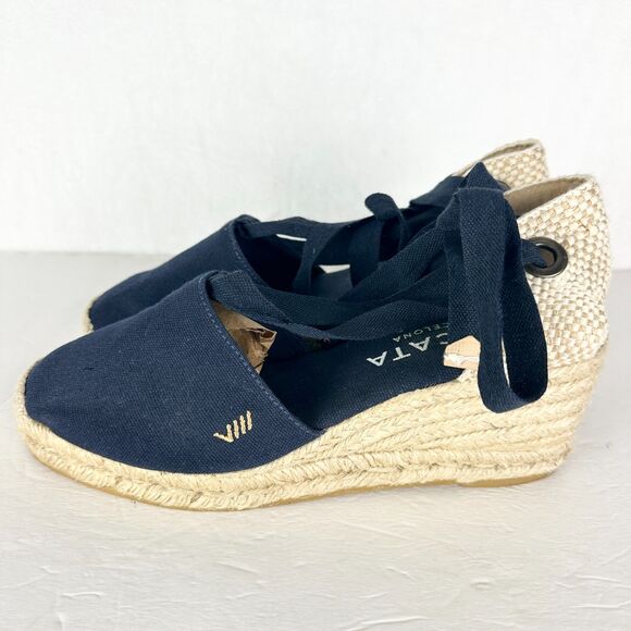 Viscata Escala Canvas Espadrille Wedges Size 39 US 8 Navy Blue Lace Up Handmade - Picture 3 of 10